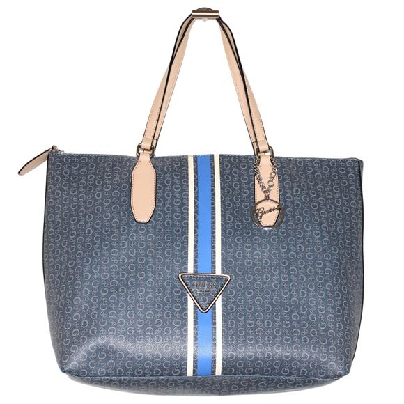 GUESS Logo Print Blue Stripe Large Tote Bag - Picture 1 of 11